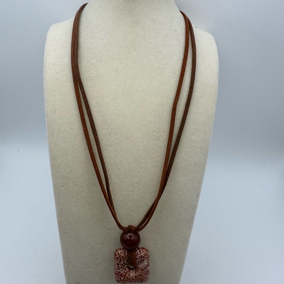 Coral Fossil Square Donut Pendant on Brown Two Tone Faux Leather Double Cord - Picture 5 of 11